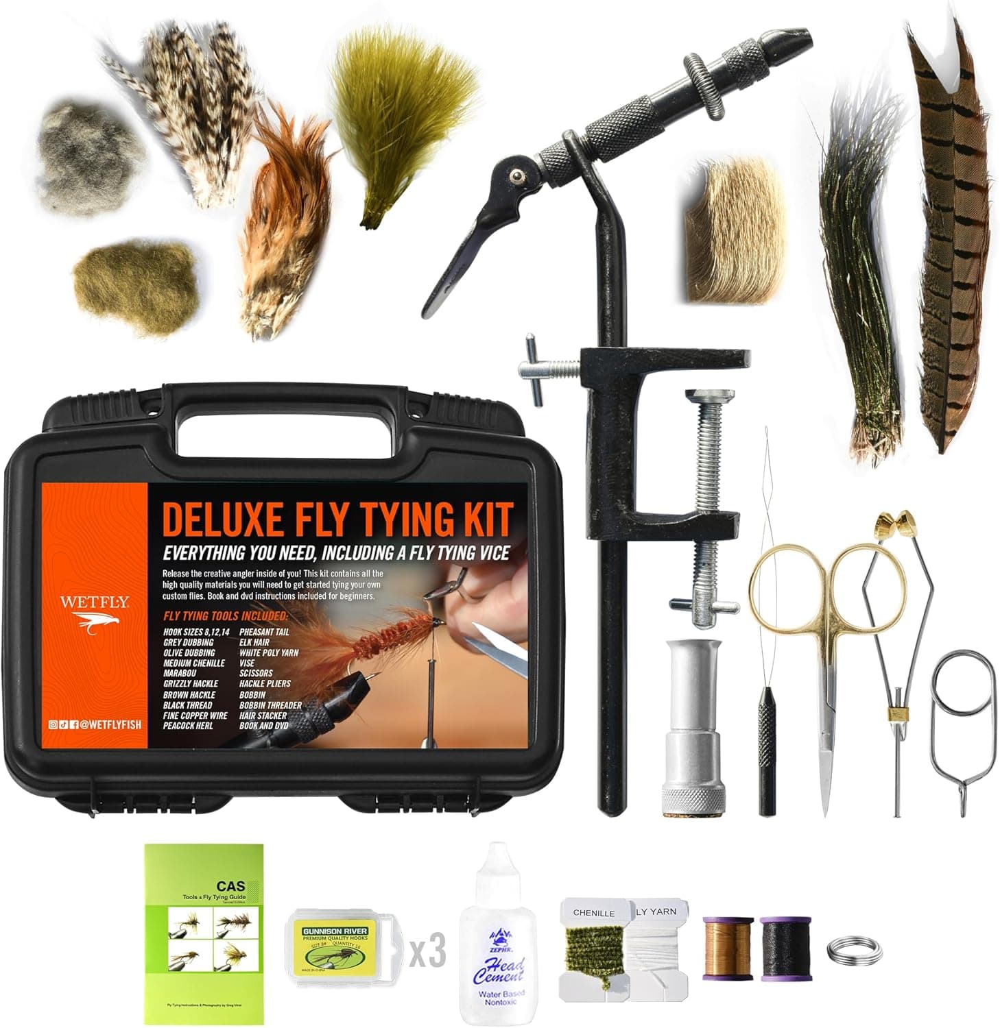 WETFLY Deluxe Fly Tying Vise and Tools Kit with Materials, Book and DVD - Complete Set