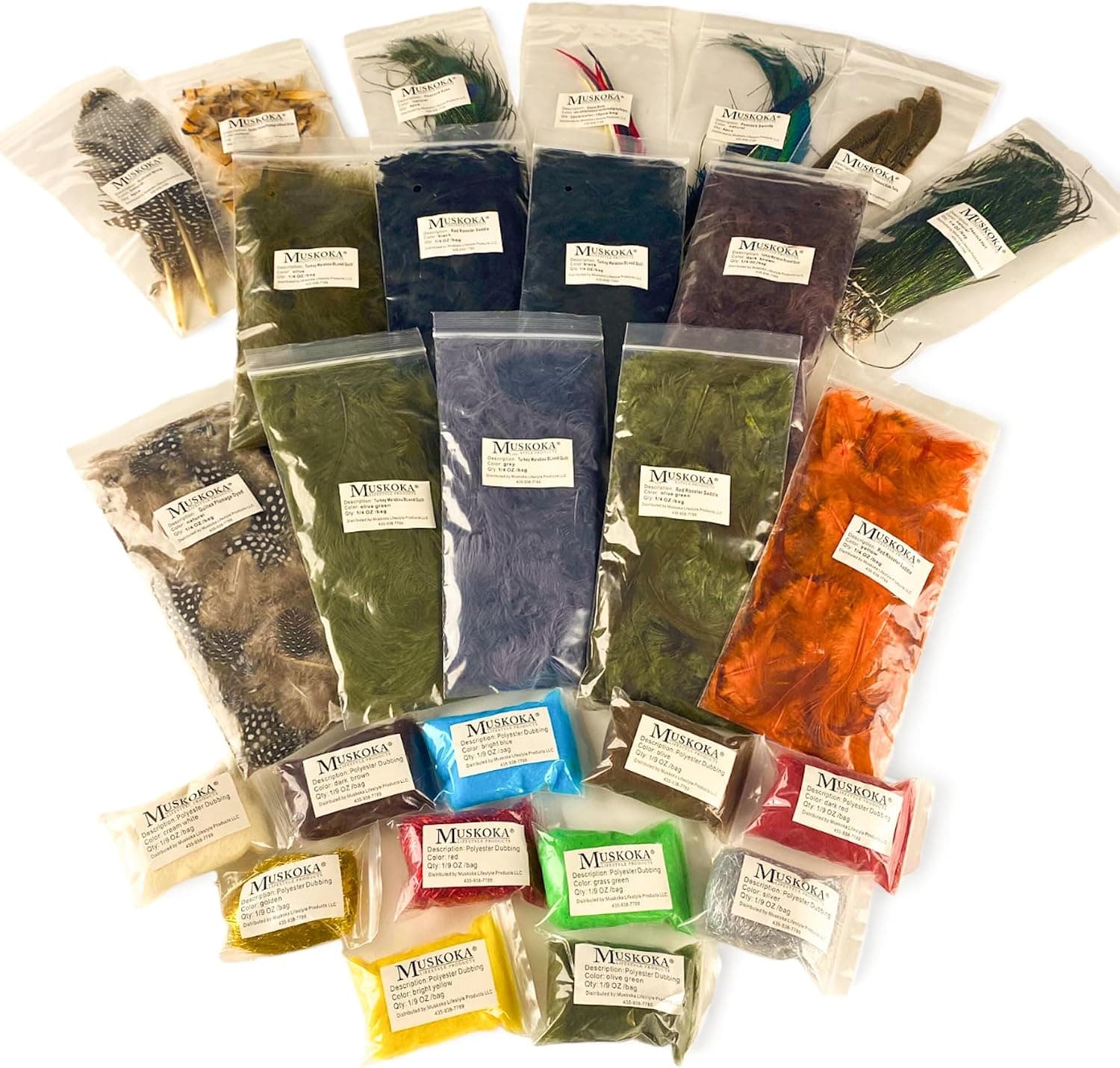 Premium Fly Tying Materials Kit - Comprehensive Variety Pack with UV Dyed Marabou, Hackle, Peacock Feathers, Synthetic Dubbing