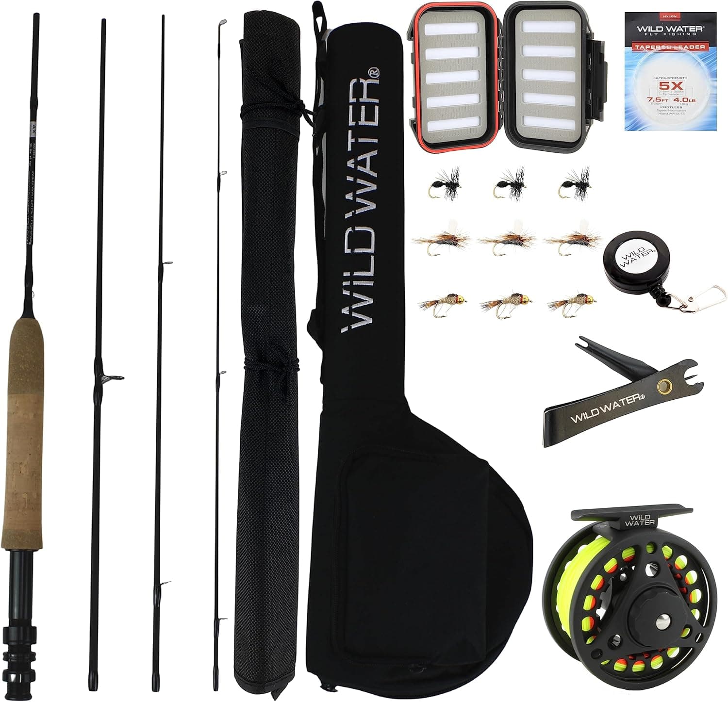 Wild Water Standard Fly Fishing Combo Starter Kit, 5 Foot 6 Inch Graphite Rod, 3-Weight, 4-Piece Fly Rod Kit