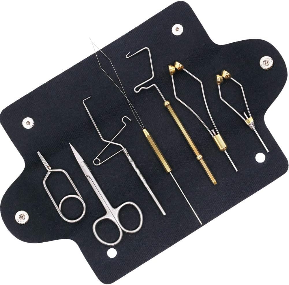 XFISHMAN Fly Tying Tool Kit 7 in 1 with Bobbin, Whip Finisher, Scissors, Hackle Pliers, Hair Stacker