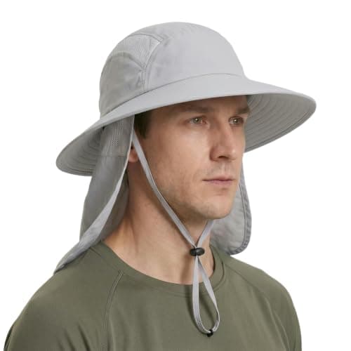 Home Prefer Mens Sun Hat UPF 50+ Sun Protection Cap Wide Brim Fishing Hat with Neck Flap Beach Gardening Bucket Hat (Light Gray)