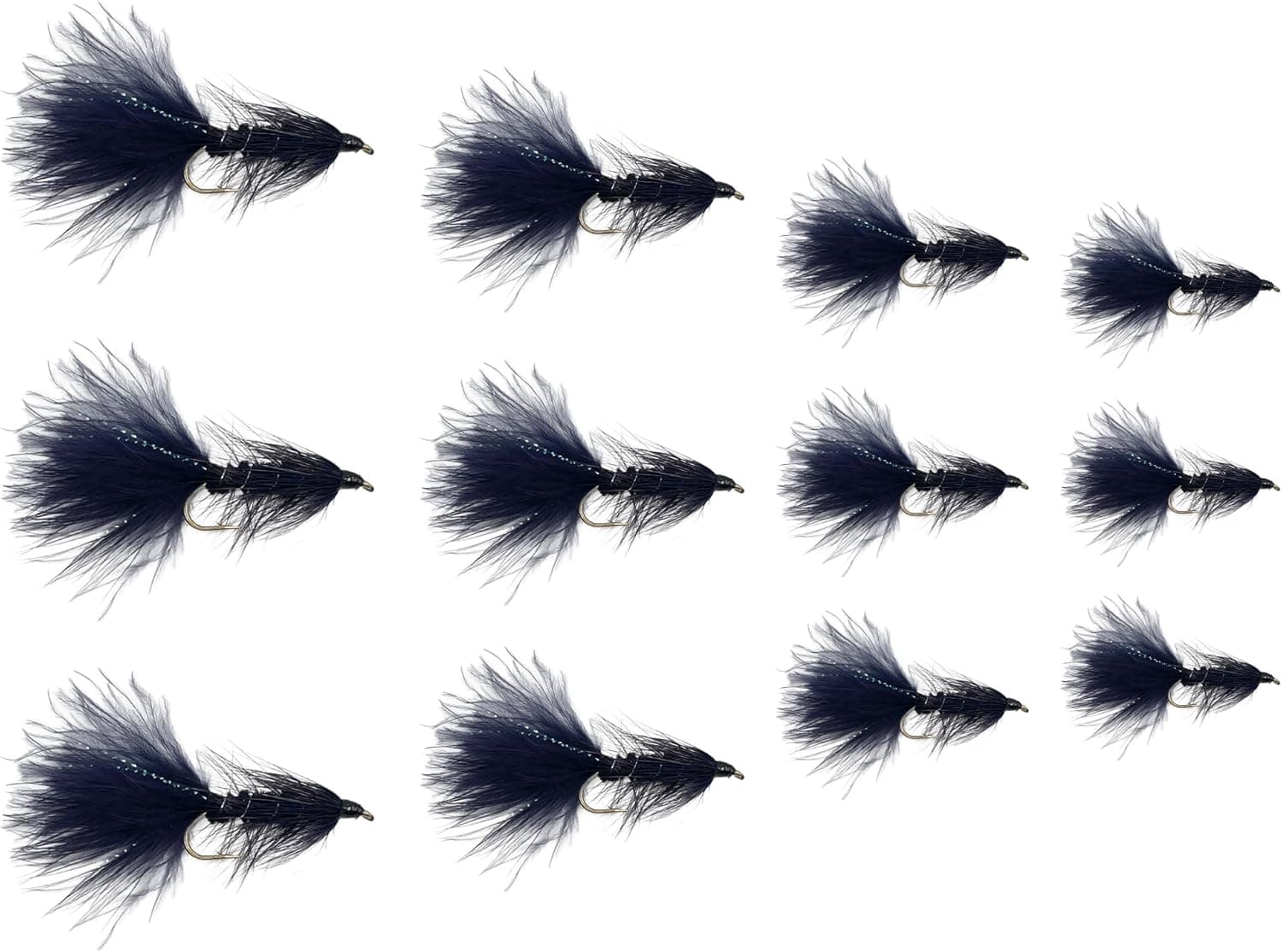Feeder Creek Woolly Bugger Flies - 12pc Streamer Flies, 4 Size Fly Fishing Assortment (Black)