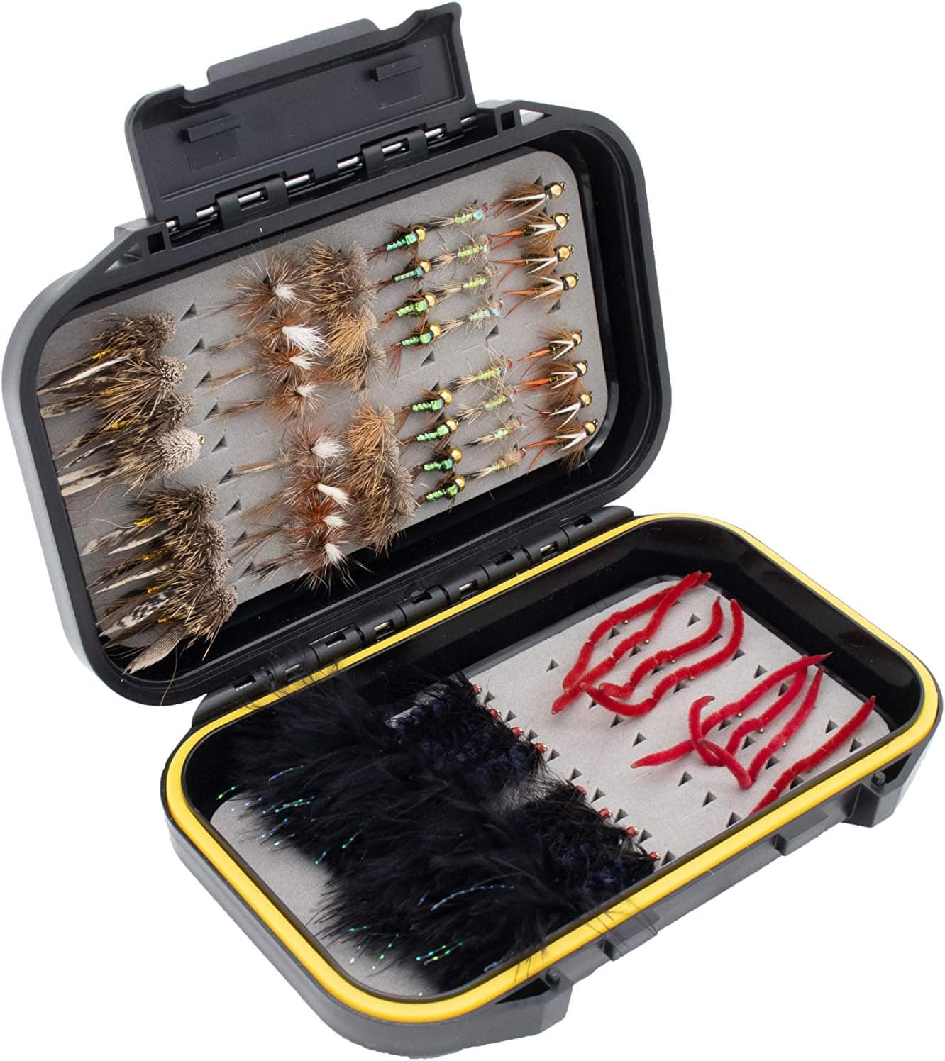 Fishing On The Fly Premium Hand-Tied 64 Barbless Flies for Trout - Dry Flies, Nymphs, Streamers with Waterproof Fly Box