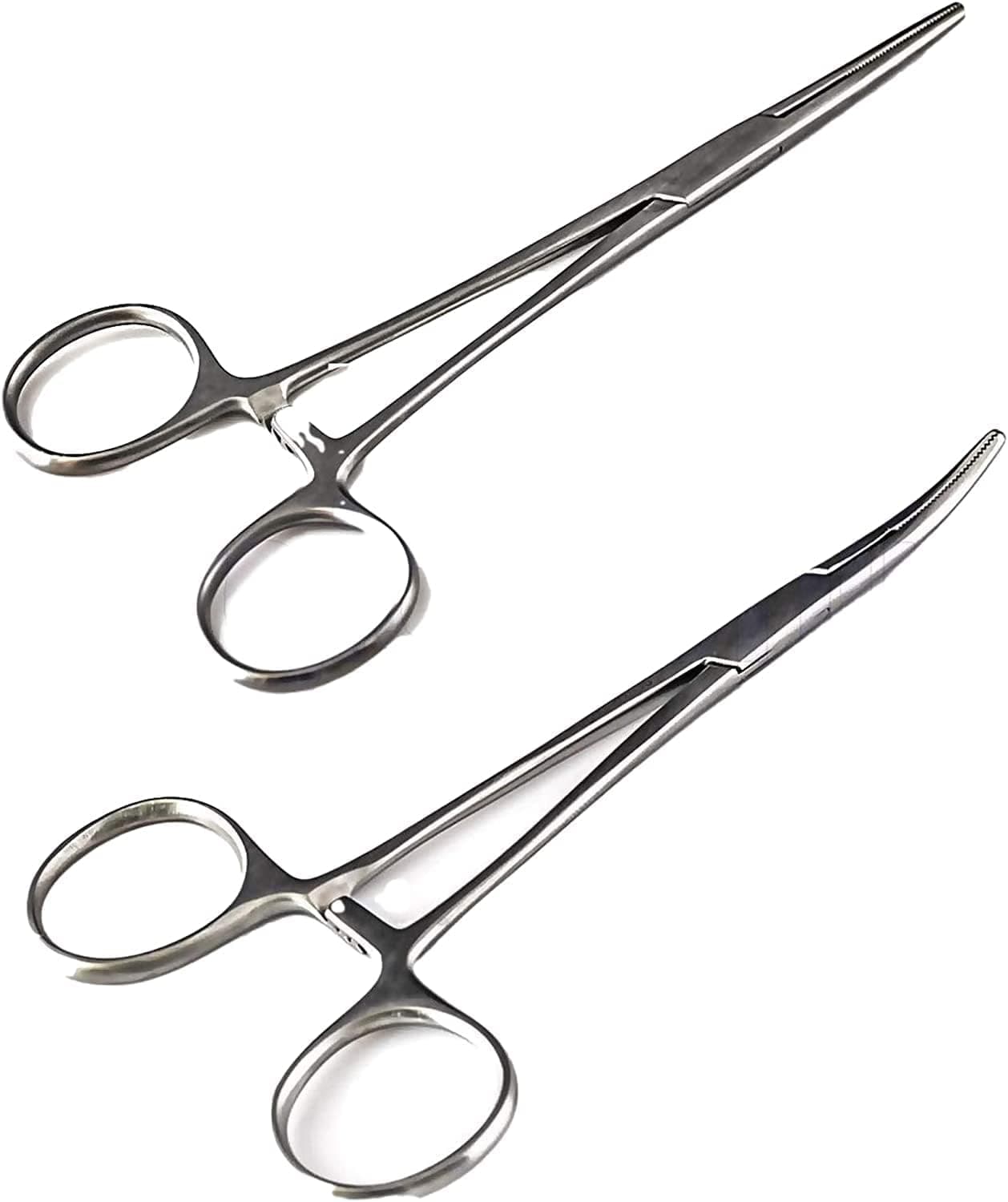 SURGICAL ONLINE 2pc 5 Inch Fishing Forceps Set - Stainless Steel, Curved and Straight Hemostats with Serrated Jaws