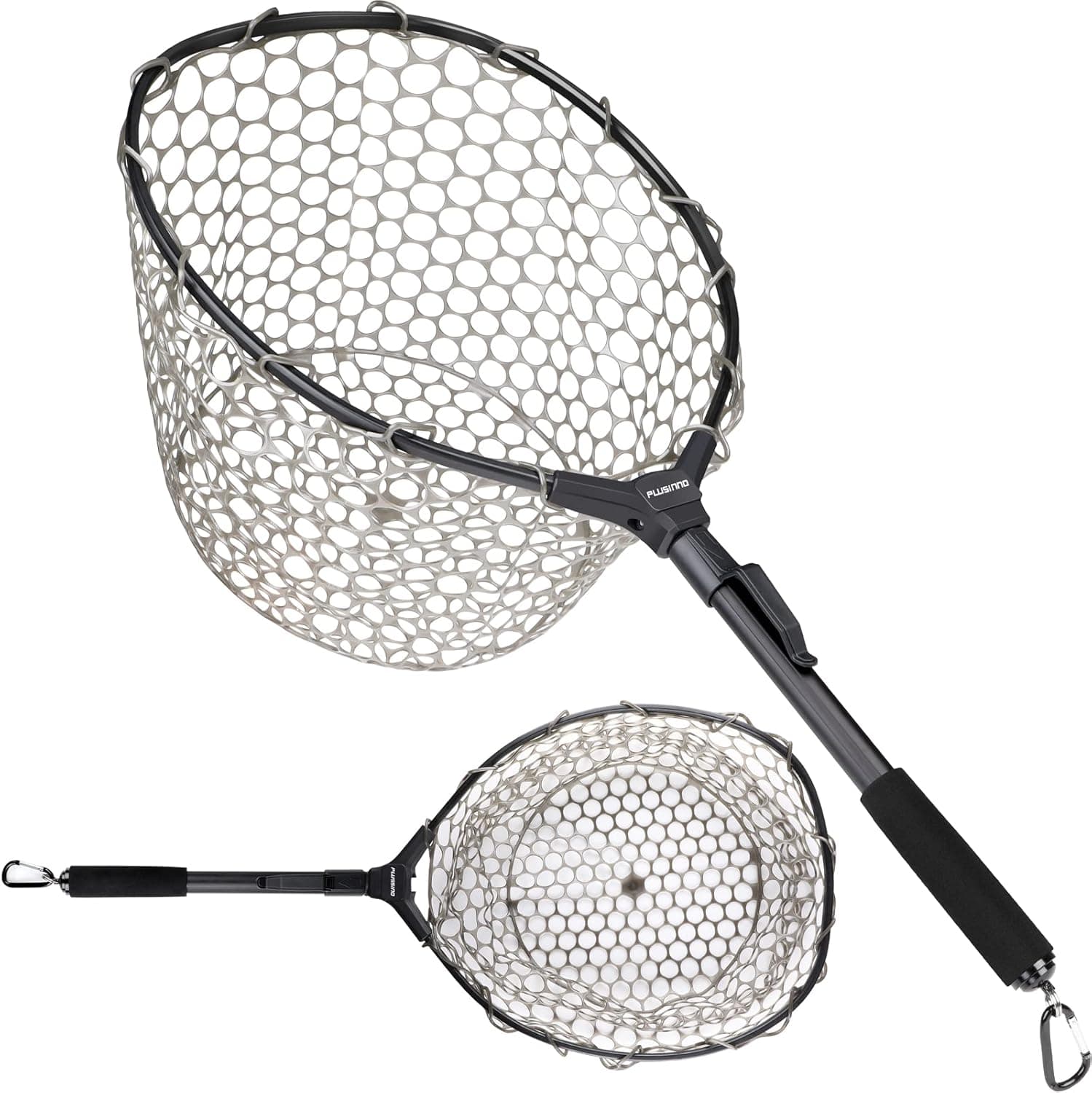 PLUSINNO Fly Fishing Net, 16 x 13 in, Rubber Mesh, Folding, Portable, Lightweight, Telescopic Handle
