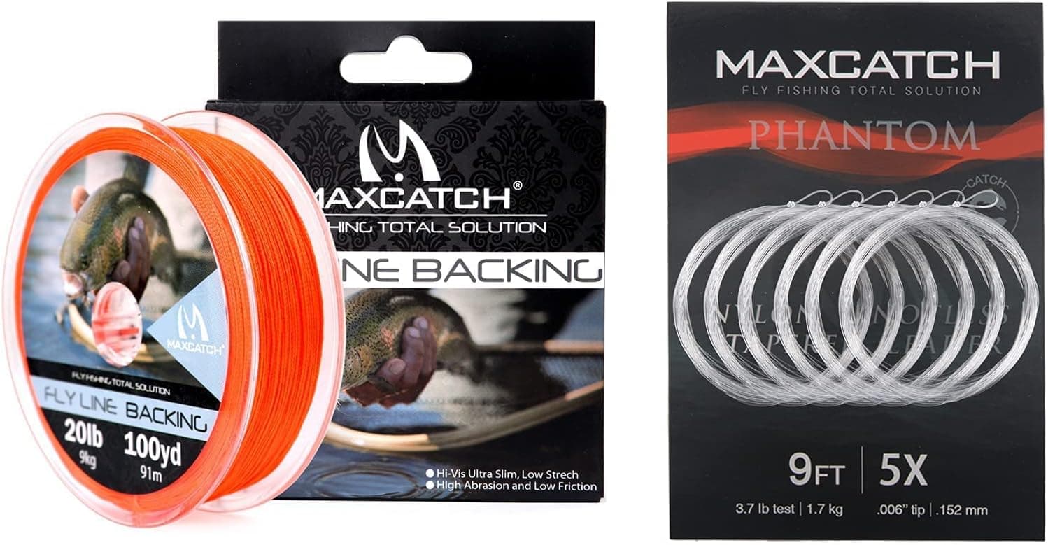 Maxcatch Braided Fly Line Backing 20lb 100yds Orange with Tapered Leader 9ft 5X 6pcs