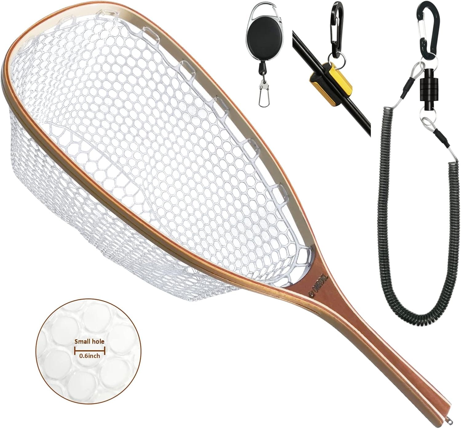 ONROCL Fly Fishing Net Trout Net with Magnetic Release and Rod Holder Wooden Frame Landing Net