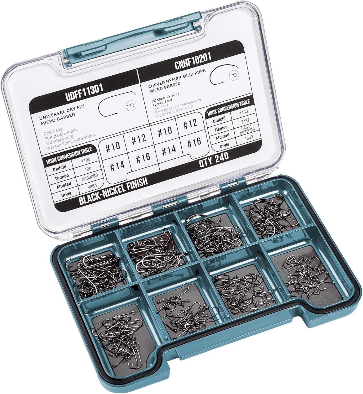 SF Fly Tying Hooks Kit Assortment 240Pcs - Micro Barbed High Carbon Steel Dry and Curved Nymph Hooks with Magnetic Box