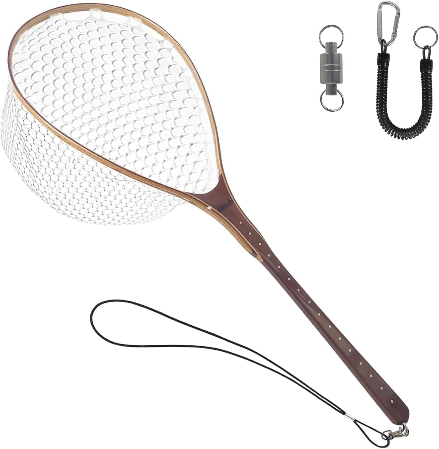 Aventik Fly Fishing Landing Trout Fishing Wooden Net with Magnet Release Soft Rubber Net Bag