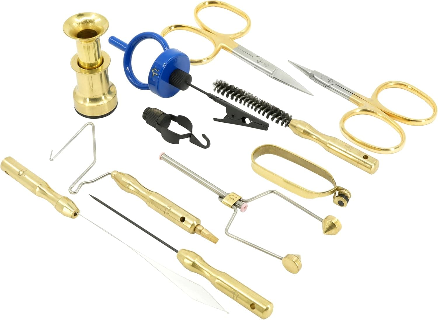 Comprehensive Fly Tying Tool Kit 11 Piece with Case - Scissors, Bobbin, Bodkin, Whip Finisher, Hackle Plier, Hair Stacker, Brass