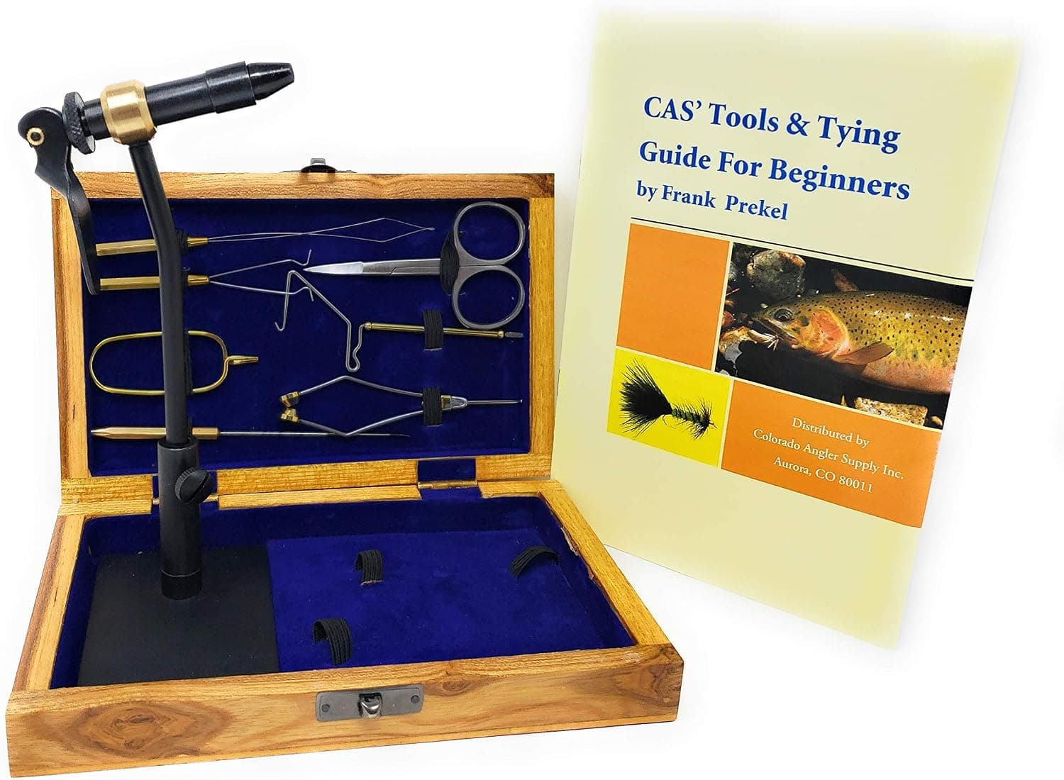 Colorado Anglers Z797 Fly Tying Standard Tool Kit with Wooden Box and Book, Rotary Vise, Bobbin, Scissors, Whip Finisher